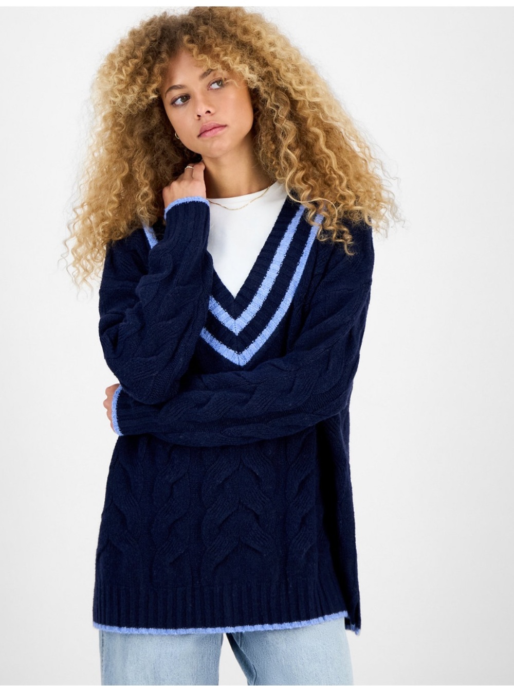 Hippie Rose 💙🩵 V-Neck Cable-Knit Oversized Sweater - Blue Stripe preppy NWT